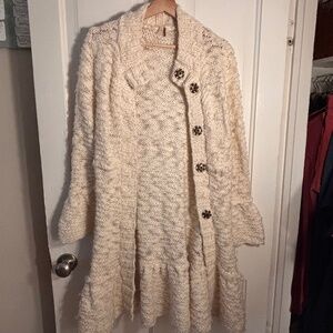 Free People Cream Wool-Blend Sweater Coat - Ruffle Hem - Size L